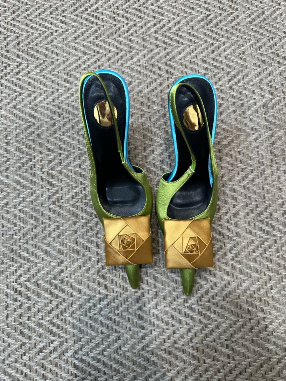 Green Satin Pointed Toe Heels with Brown Rosette - Picture 4 of 9